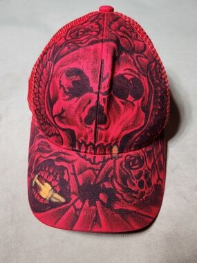C.C Red Mesh Skull Art Work Trucker Hat Adult Size